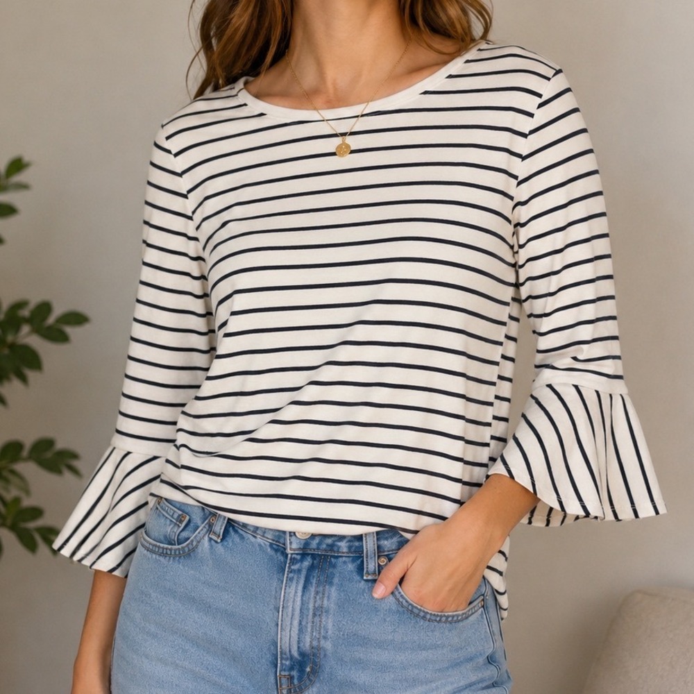J.Crew‎ Mercantile Striped Bell Sleeve Top XS Cotton Coastal Preppy Women's